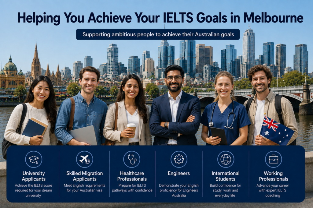 Image of IELTS customers with Melbourne in background